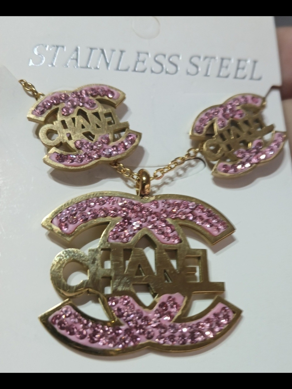 Stainless Steel Pink Crystal Logo Pendant Necklace and Earrings Set-fashion